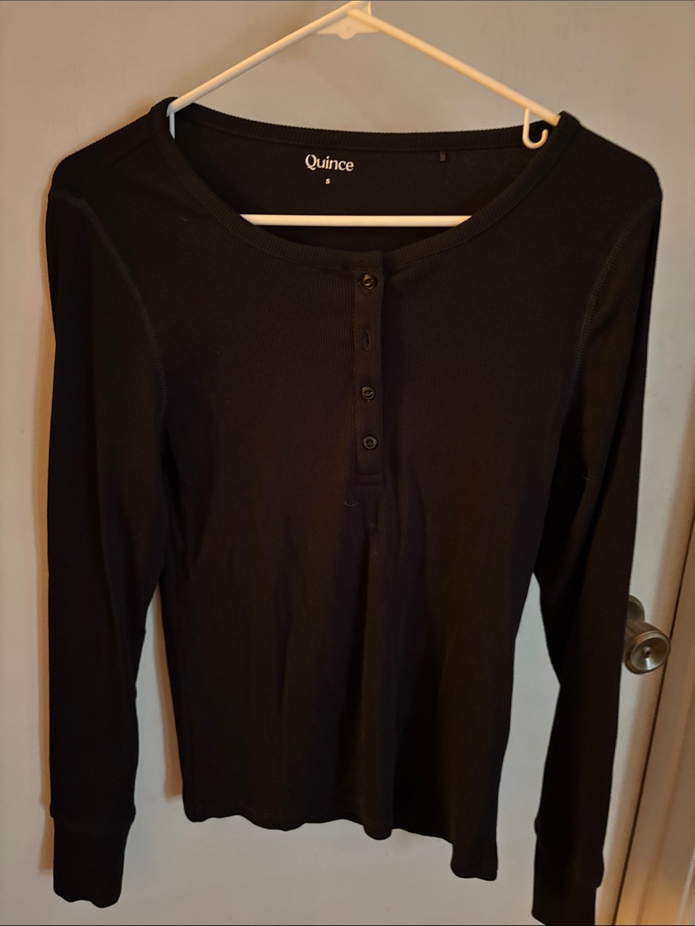 Quince Black Ribbed Henley Long Sleeve Top - Button Placket